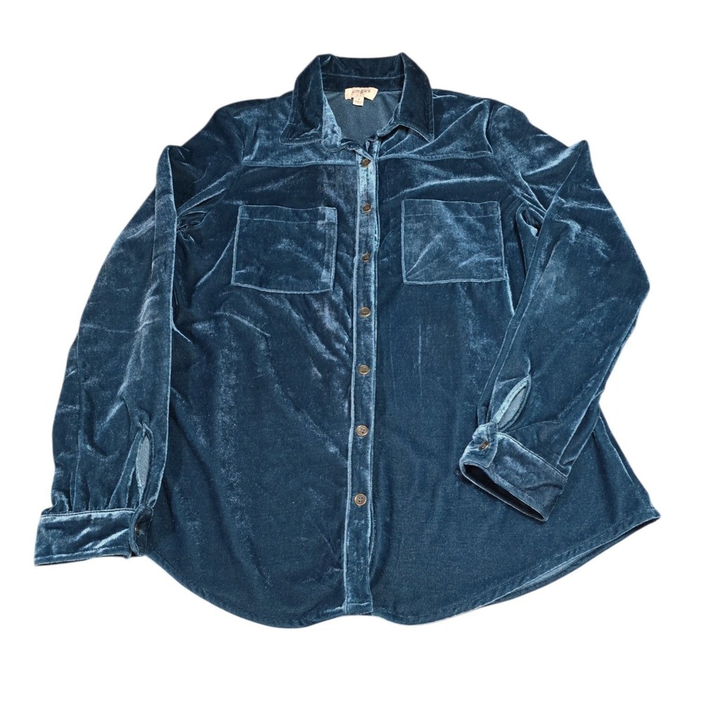 Umgee Velvet Button Down Shirt Womens Peacock Teal Blue Shirt C0719 Medium - Picture 6 of 11